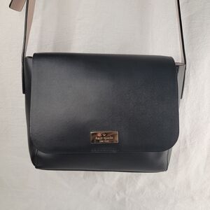 Kate Spade Black Smooth Leather Flap Crossbody Bag Pink Interior Structured Gold